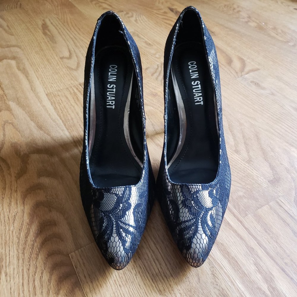 COLIN STUART Black and Silver Lace Heels 8.5M